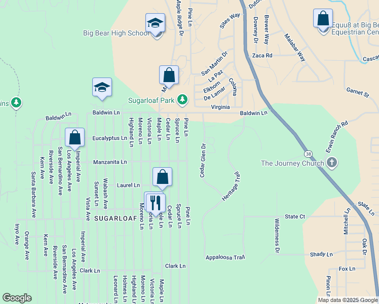 map of restaurants, bars, coffee shops, grocery stores, and more near 255 Pine Lane in Big Bear