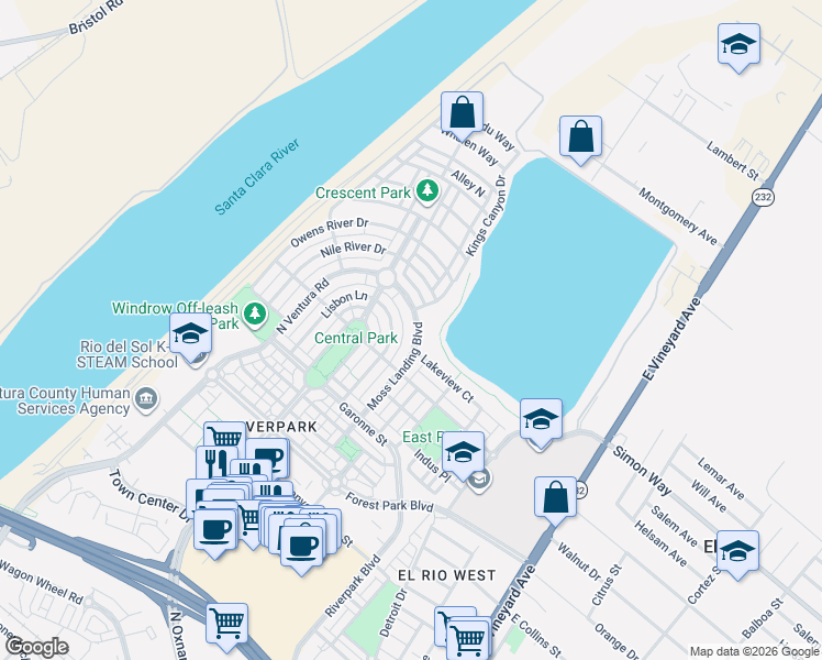 map of restaurants, bars, coffee shops, grocery stores, and more near 3244 London Lane in Oxnard