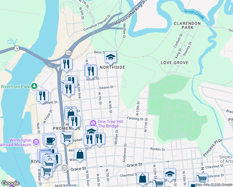 map of restaurants, bars, coffee shops, grocery stores, and more near 1005 McRae Street in Wilmington
