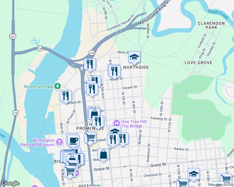 map of restaurants, bars, coffee shops, grocery stores, and more near 1019 Love Alley in Wilmington