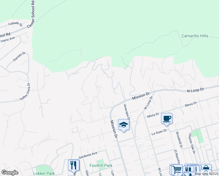 map of restaurants, bars, coffee shops, grocery stores, and more near 67 Santa Cruz Way in Camarillo