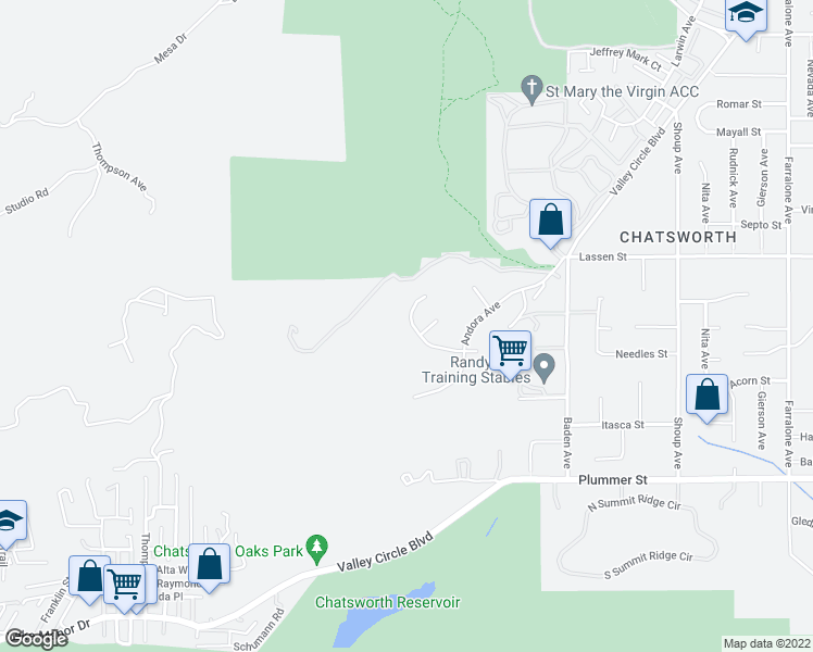 map of restaurants, bars, coffee shops, grocery stores, and more near 22860 Trigger Street in Chatsworth