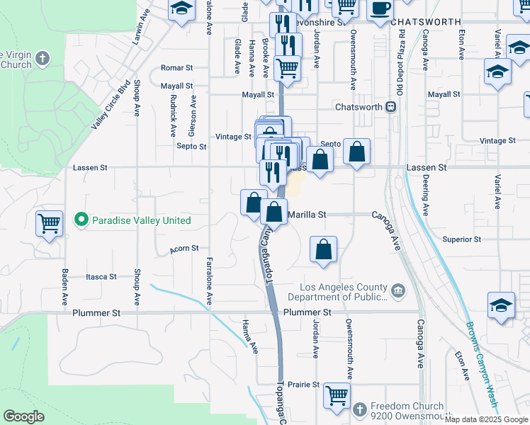 map of restaurants, bars, coffee shops, grocery stores, and more near 9753 Topanga Canyon Boulevard in Los Angeles