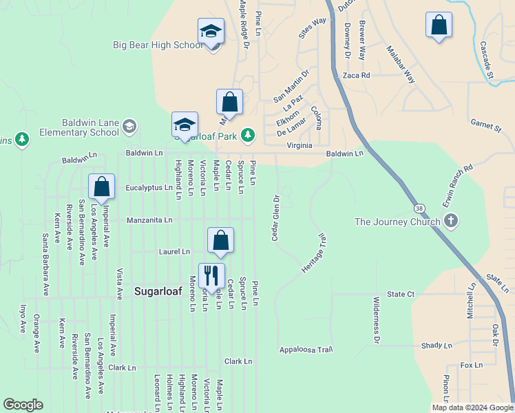 map of restaurants, bars, coffee shops, grocery stores, and more near 255 Pine Lane in Big Bear