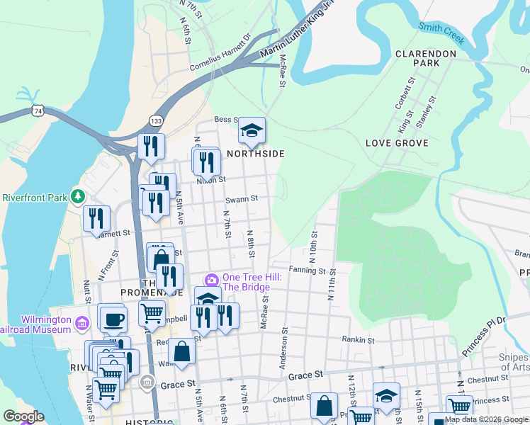 map of restaurants, bars, coffee shops, grocery stores, and more near 1005 McRae Street in Wilmington