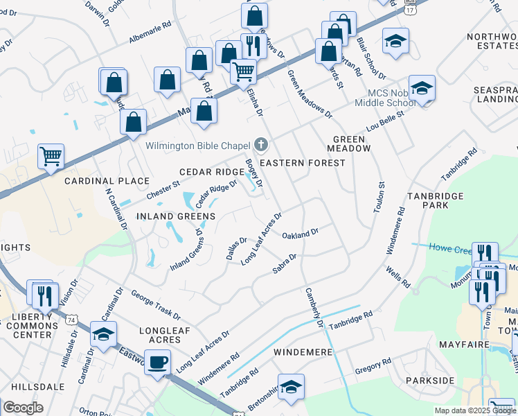 map of restaurants, bars, coffee shops, grocery stores, and more near 235 Oakland Drive in Wilmington