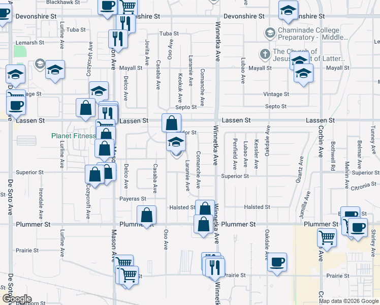 map of restaurants, bars, coffee shops, grocery stores, and more near 9752 Laramie Avenue in Los Angeles