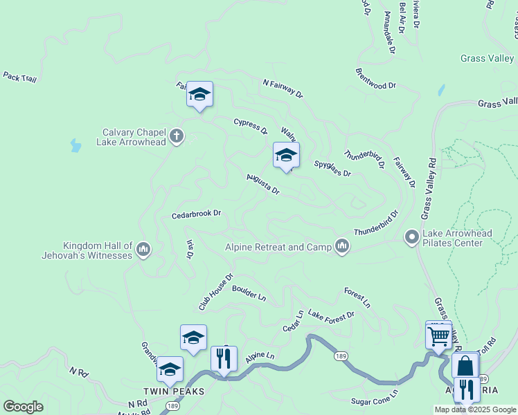 map of restaurants, bars, coffee shops, grocery stores, and more near 305 Auburn Drive in Lake Arrowhead