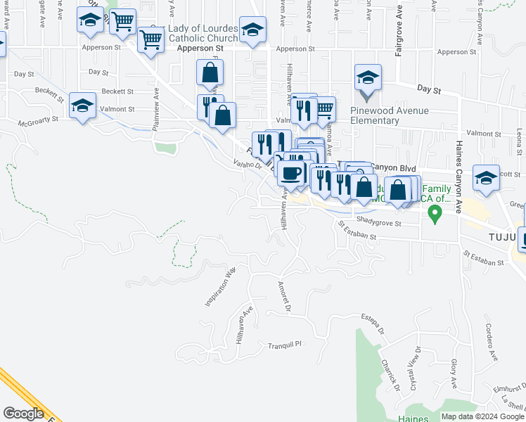 map of restaurants, bars, coffee shops, grocery stores, and more near 7290 Saint Estaban Street in Los Angeles