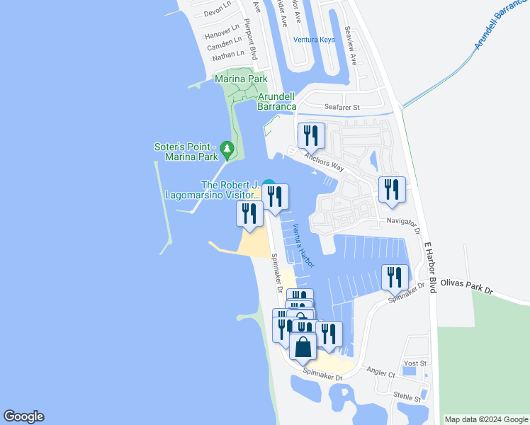 map of restaurants, bars, coffee shops, grocery stores, and more near 1998 Spinnaker Drive in Ventura