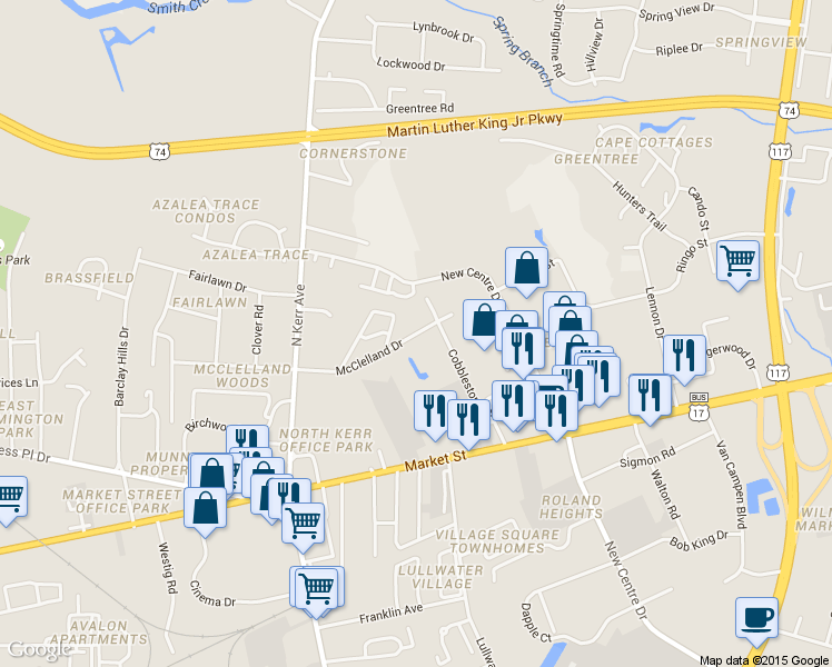 map of restaurants, bars, coffee shops, grocery stores, and more near 4639 McClelland Drive in Wilmington