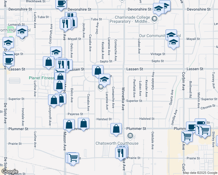 map of restaurants, bars, coffee shops, grocery stores, and more near 9754 Laramie Avenue in Los Angeles