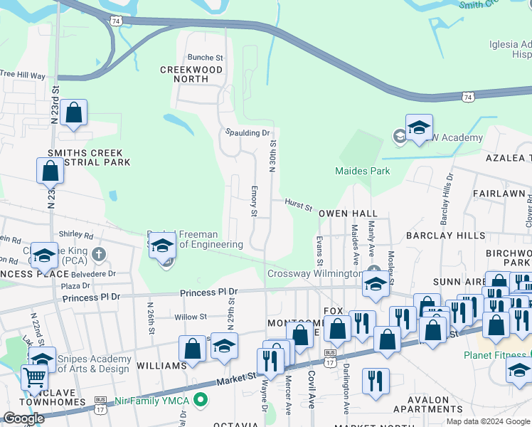 map of restaurants, bars, coffee shops, grocery stores, and more near 2911 Clayton Place in Wilmington