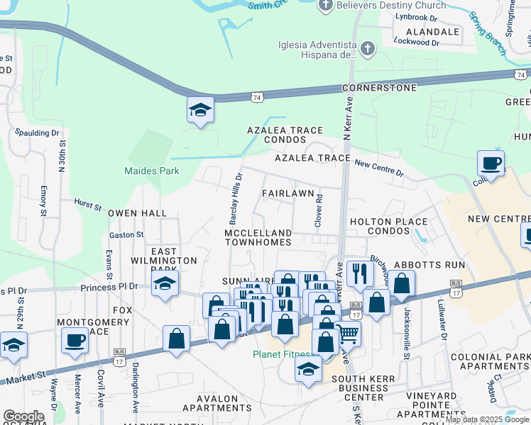 map of restaurants, bars, coffee shops, grocery stores, and more near 418 Saint Rosea Road in Wilmington