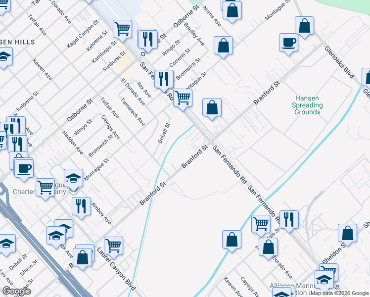 map of restaurants, bars, coffee shops, grocery stores, and more near 12455 Branford Street in Los Angeles