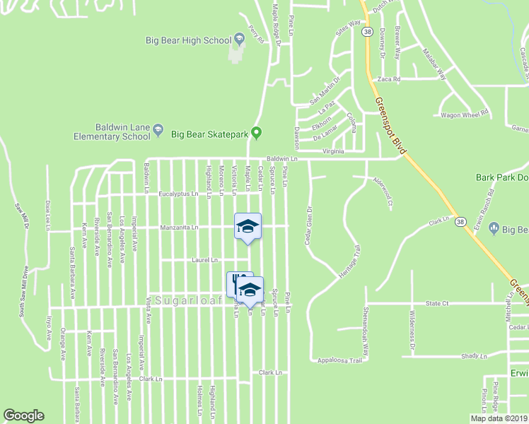 map of restaurants, bars, coffee shops, grocery stores, and more near 249 Cedar Lane in Big Bear