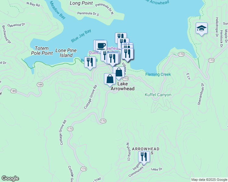 map of restaurants, bars, coffee shops, grocery stores, and more near 312 California 173 in Lake Arrowhead
