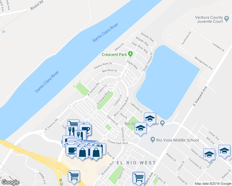 map of restaurants, bars, coffee shops, grocery stores, and more near 3240 North Oxnard Boulevard in Oxnard