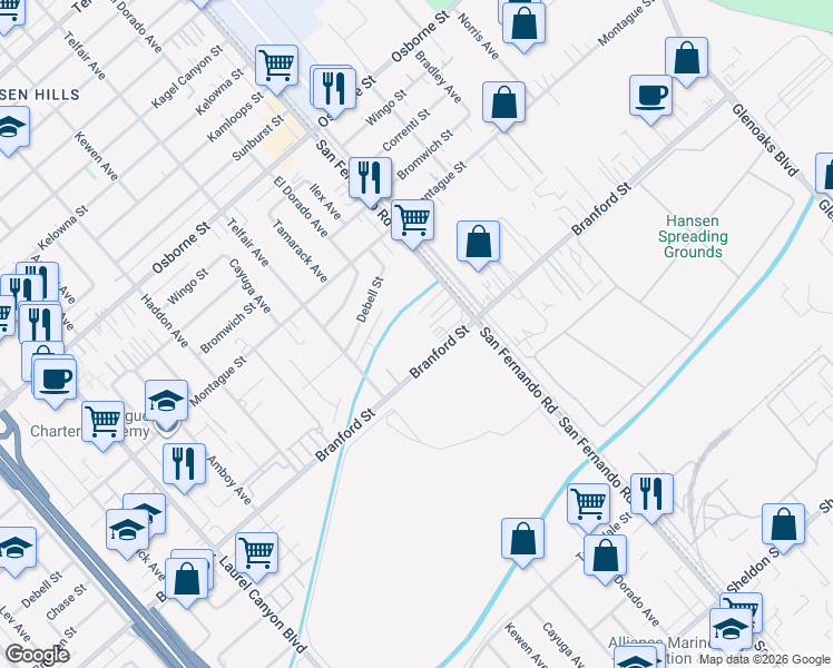 map of restaurants, bars, coffee shops, grocery stores, and more near 12455 Branford Street in Los Angeles