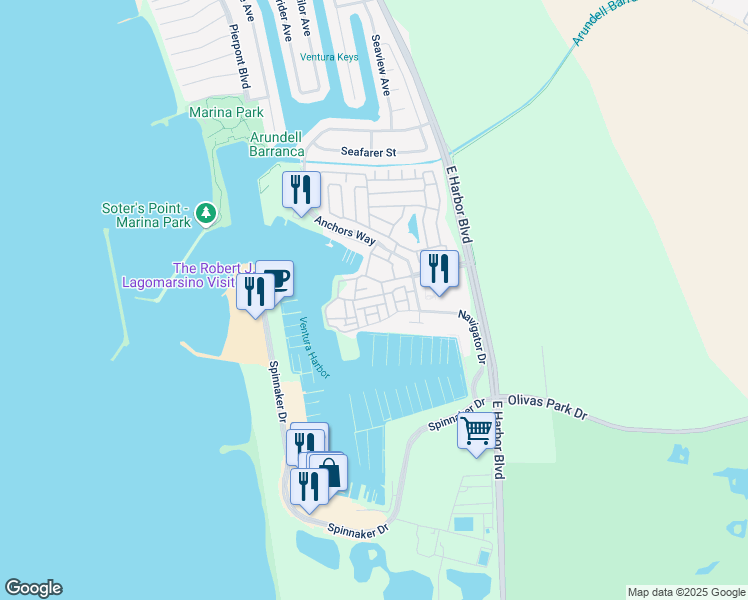 map of restaurants, bars, coffee shops, grocery stores, and more near 942 Puerto Place in Ventura
