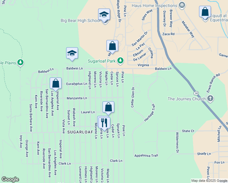 map of restaurants, bars, coffee shops, grocery stores, and more near 249 Cedar Lane in Big Bear