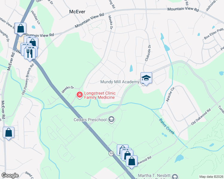 map of restaurants, bars, coffee shops, grocery stores, and more near 4719 Sweet Water Drive in Gainesville