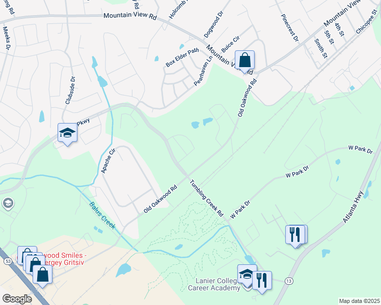 map of restaurants, bars, coffee shops, grocery stores, and more near 2974 Old Oakwood Road in Gainesville