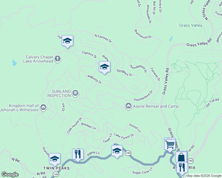 map of restaurants, bars, coffee shops, grocery stores, and more near 26335 Augusta Drive in Lake Arrowhead