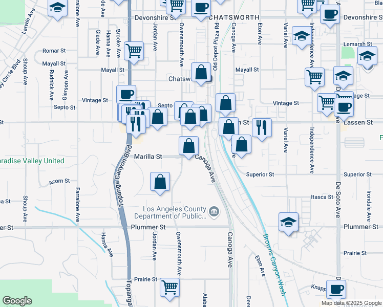 map of restaurants, bars, coffee shops, grocery stores, and more near 21609 Marilla Street in Los Angeles