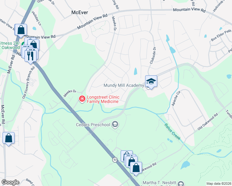 map of restaurants, bars, coffee shops, grocery stores, and more near 4719 Sweet Water Drive in Gainesville