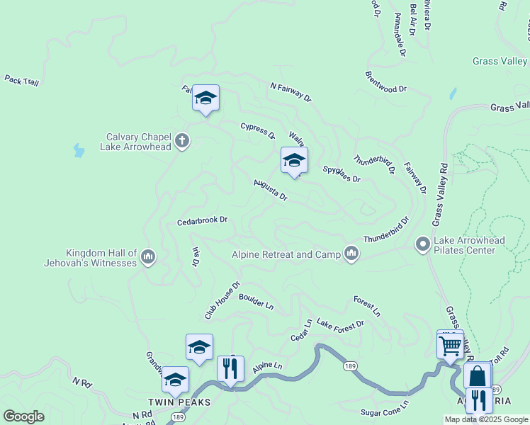 map of restaurants, bars, coffee shops, grocery stores, and more near 305 Auburn Drive in Lake Arrowhead