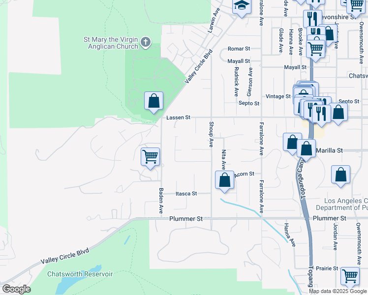 map of restaurants, bars, coffee shops, grocery stores, and more near 22501 Marilla Street in Los Angeles