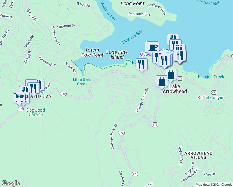 map of restaurants, bars, coffee shops, grocery stores, and more near 330 Castle Gate Road in Lake Arrowhead