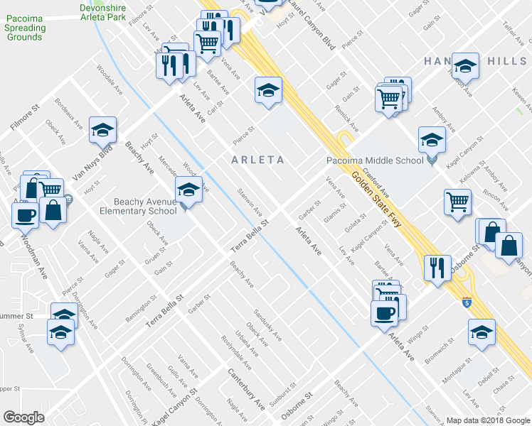 map of restaurants, bars, coffee shops, grocery stores, and more near 9756 Stanwin Avenue in Los Angeles