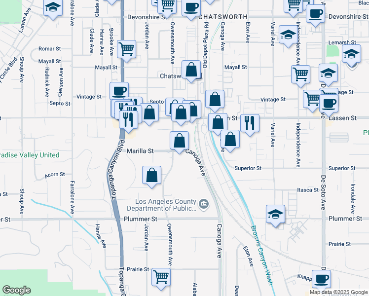 map of restaurants, bars, coffee shops, grocery stores, and more near 21609 Marilla Street in Los Angeles