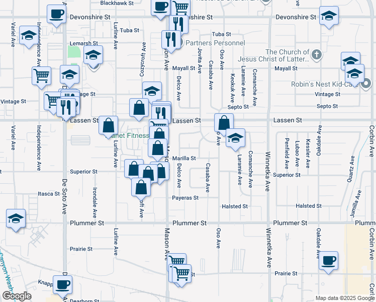 map of restaurants, bars, coffee shops, grocery stores, and more near 20426 Kinzie Street in Los Angeles
