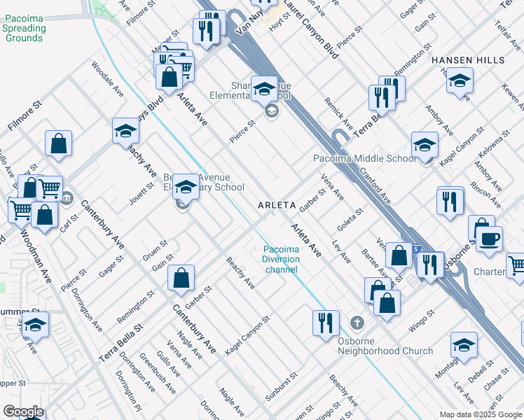 map of restaurants, bars, coffee shops, grocery stores, and more near 9756 Stanwin Avenue in Los Angeles
