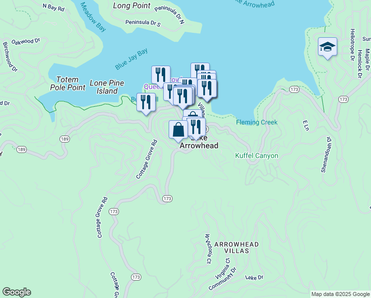 map of restaurants, bars, coffee shops, grocery stores, and more near 312 California 173 in Lake Arrowhead