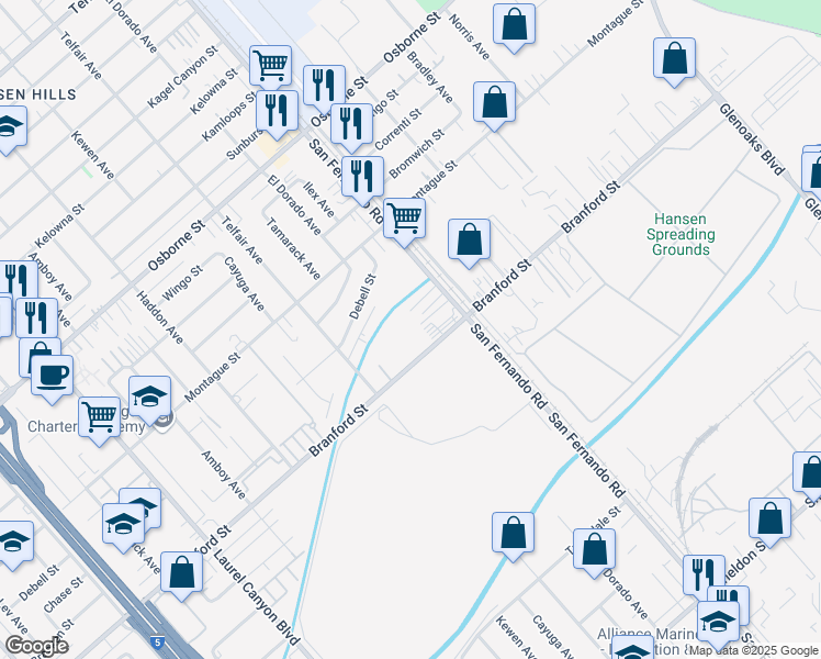 map of restaurants, bars, coffee shops, grocery stores, and more near 12455 Branford Street in Los Angeles