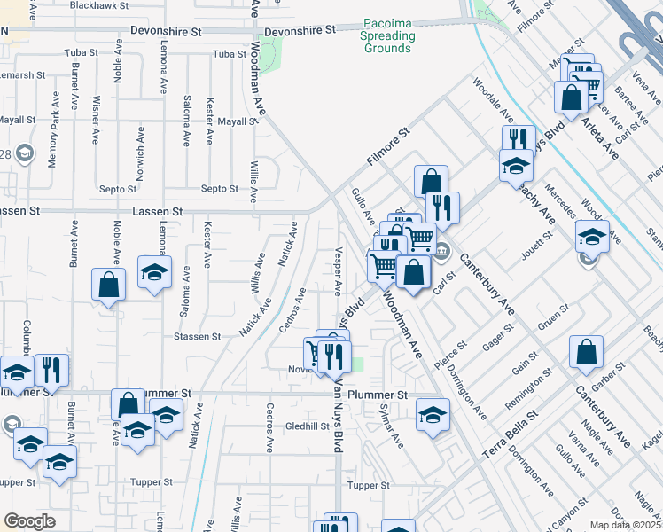 map of restaurants, bars, coffee shops, grocery stores, and more near Abrego Court in Los Angeles