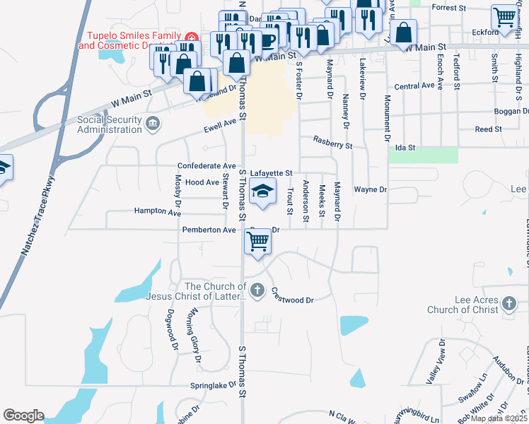 map of restaurants, bars, coffee shops, grocery stores, and more near 520 South Thomas Street in Tupelo