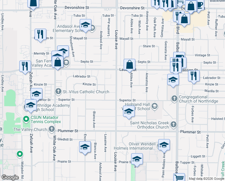 map of restaurants, bars, coffee shops, grocery stores, and more near 17315 Marilla Street in Los Angeles