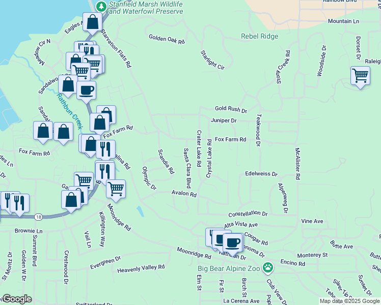 map of restaurants, bars, coffee shops, grocery stores, and more near 243 Santa Clara Boulevard in Big Bear Lake