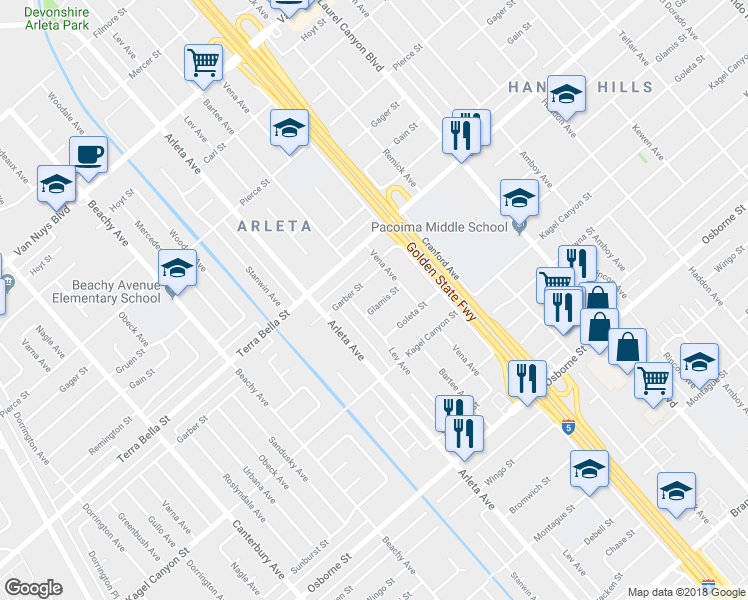 map of restaurants, bars, coffee shops, grocery stores, and more near 13575 Glamis Street in Los Angeles
