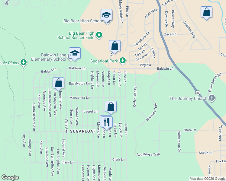 map of restaurants, bars, coffee shops, grocery stores, and more near 244 Cedar Lane in Sugarloaf