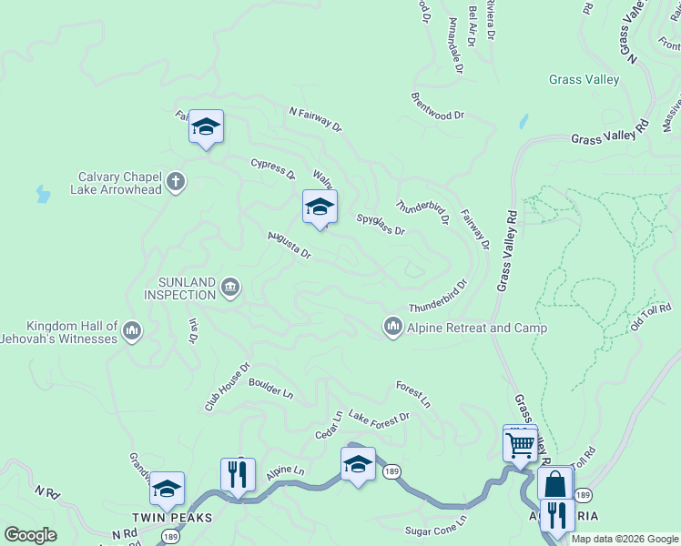 map of restaurants, bars, coffee shops, grocery stores, and more near 26335 Augusta Drive in Lake Arrowhead