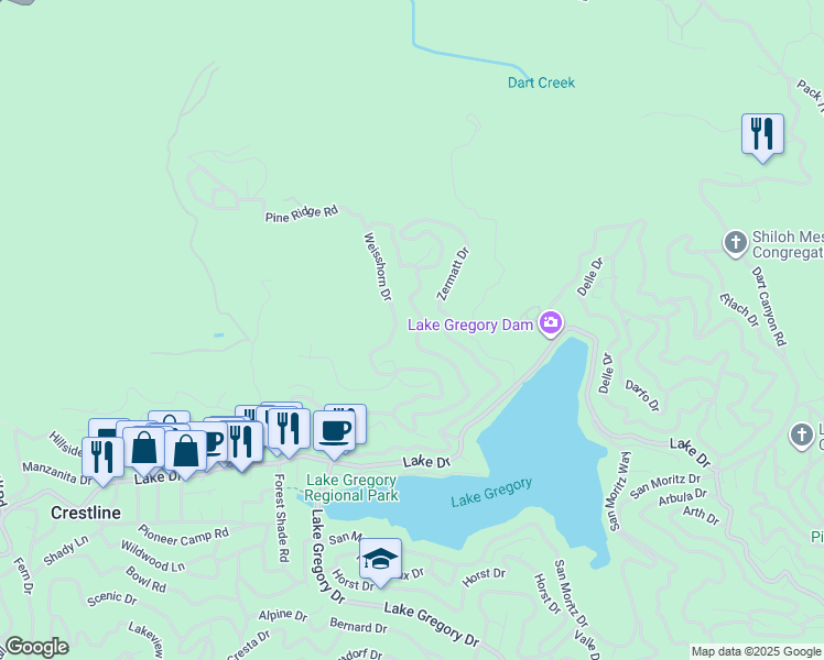 map of restaurants, bars, coffee shops, grocery stores, and more near 300 Wylerhorn Drive in Crestline