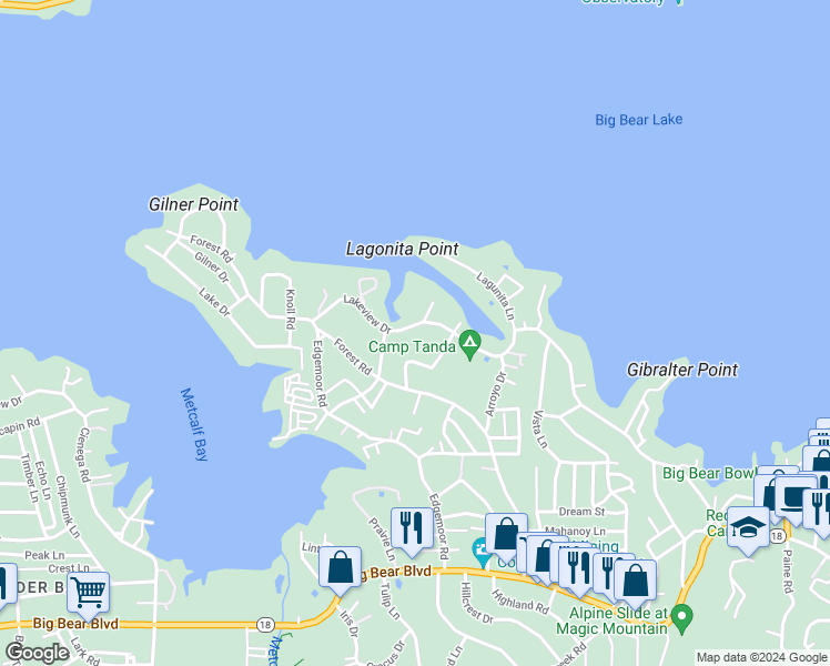 map of restaurants, bars, coffee shops, grocery stores, and more near 39895 Lakeview Drive in Big Bear Lake