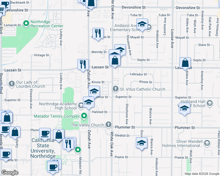 map of restaurants, bars, coffee shops, grocery stores, and more near White Oak Avenue in Los Angeles