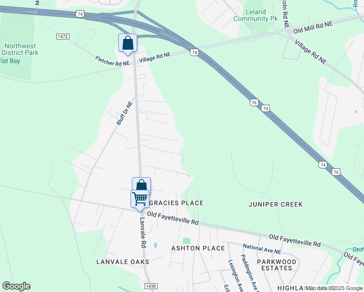 map of restaurants, bars, coffee shops, grocery stores, and more near 8985 Flat Path Northeast in Leland